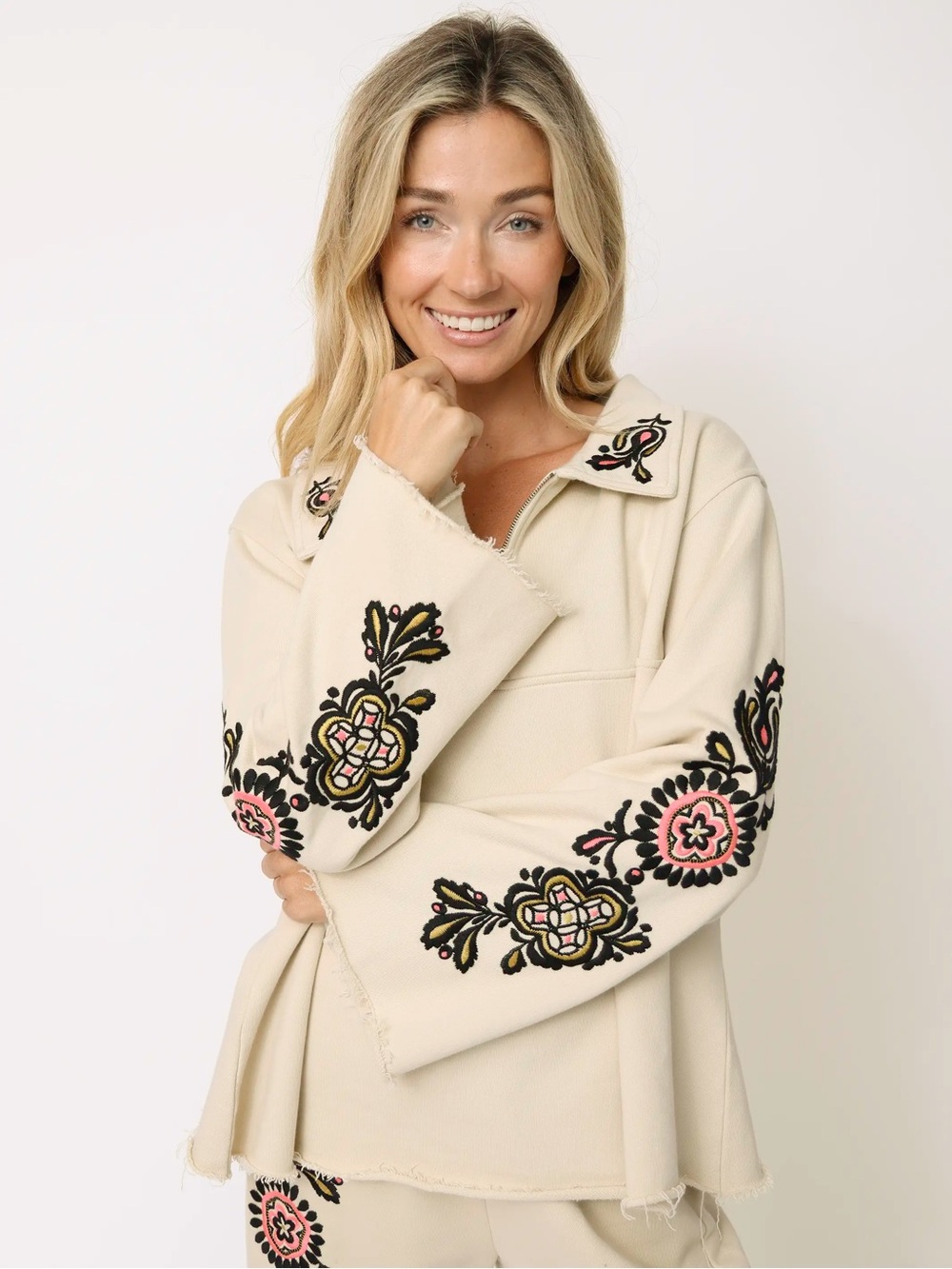 Natural Life Easy Does It Embroidered Cream Half-Zip Pullover Top L/XL